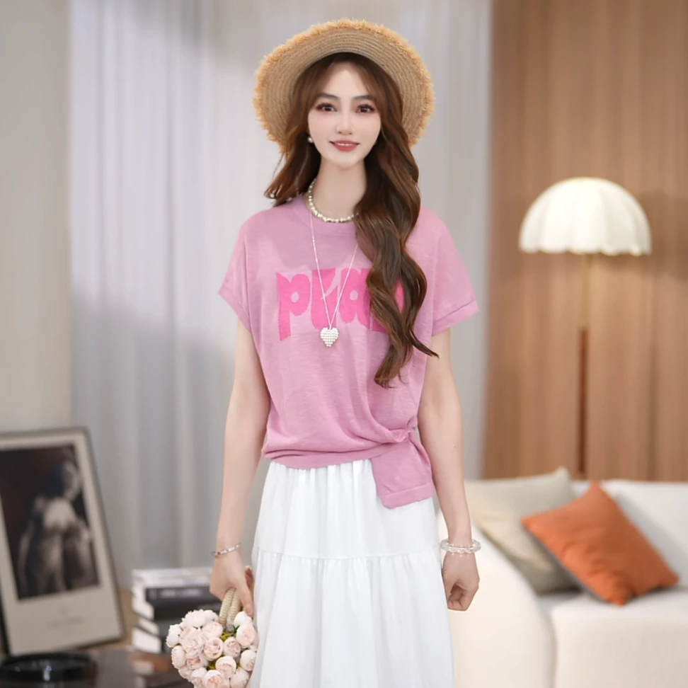 马克华菲竹节麻简约夏季刺绣百搭T恤短袖透气舒适显瘦短款时尚