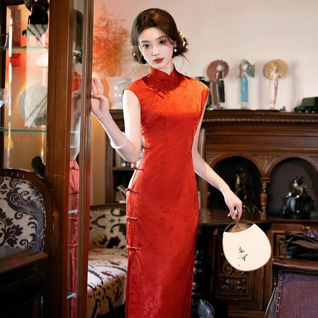 【芳华】红色改良旗袍中国风夏季日常气质修身复古优雅中长款连衣裙