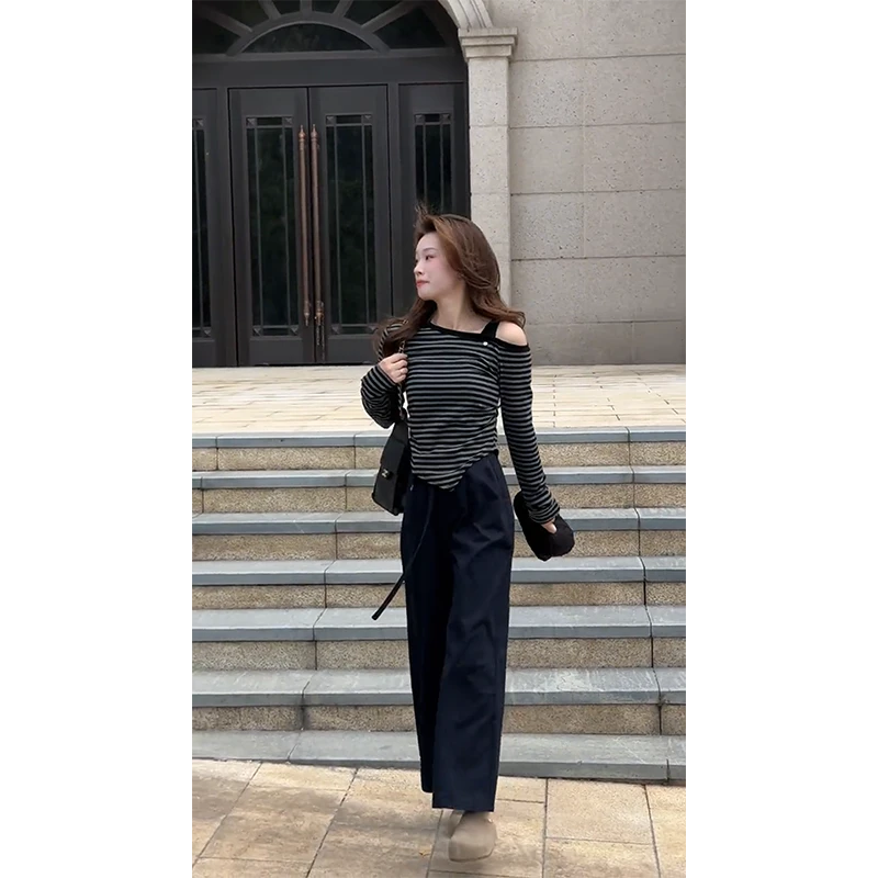 秋装chic休闲条纹露肩不规则上衣高腰直筒修身阔腿裤小个子两件套