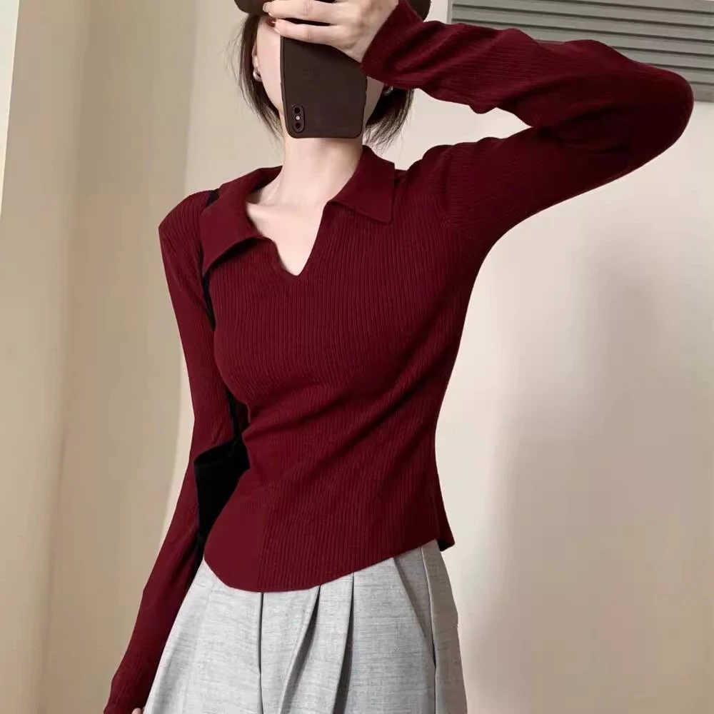 秋冬新款洋气打底衣可外穿软糯毛衣polo领长袖针织衫内搭上衣女士