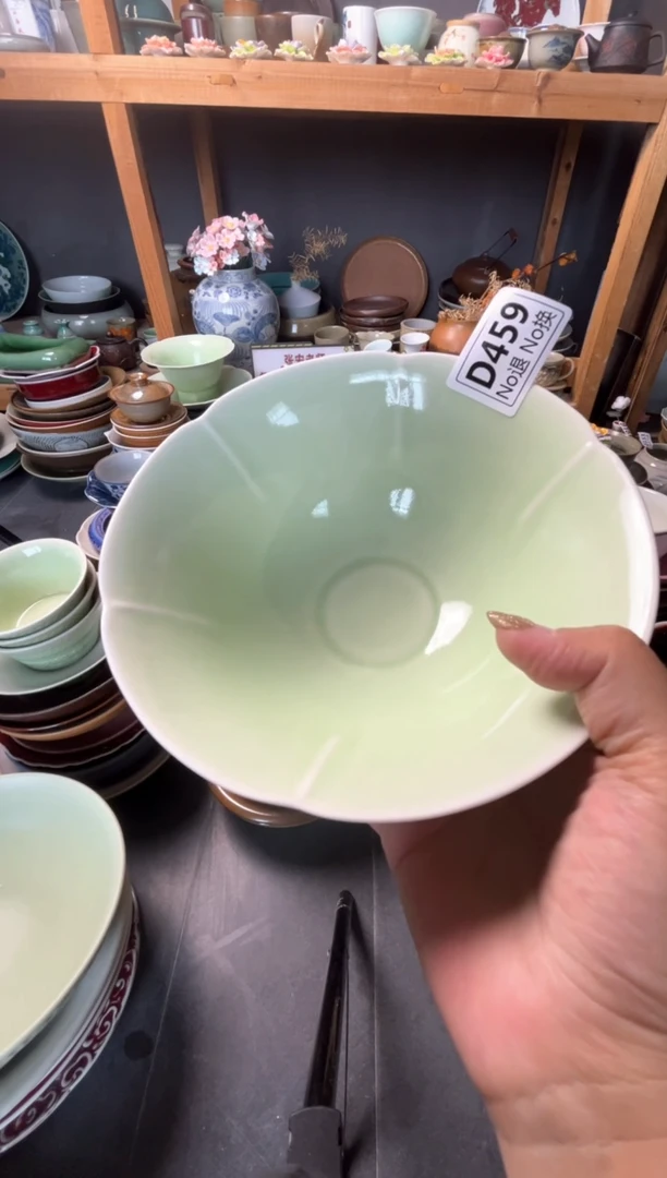 瓷片李*一d459春草绿花朵碗微瑕
