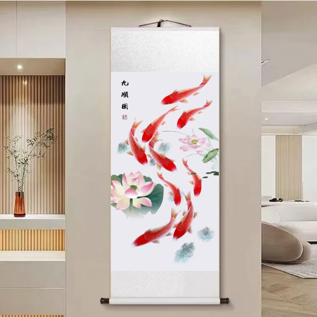 【九顺图】45x140cm新中式竖幅实木卷轴画客厅书房茶室挂画