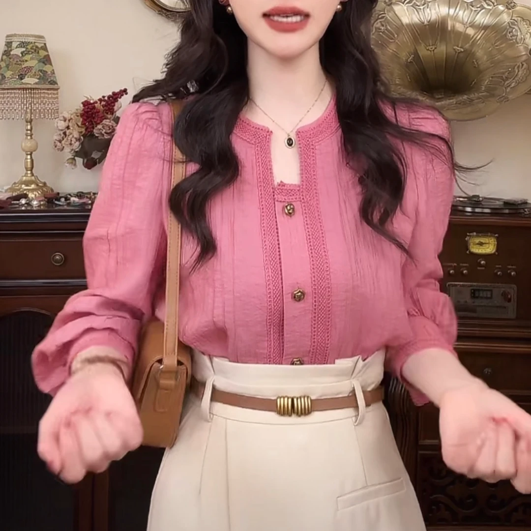 法式粉色洋气减龄衬衫女2025春季新款时尚气质独特超好看百搭上衣
