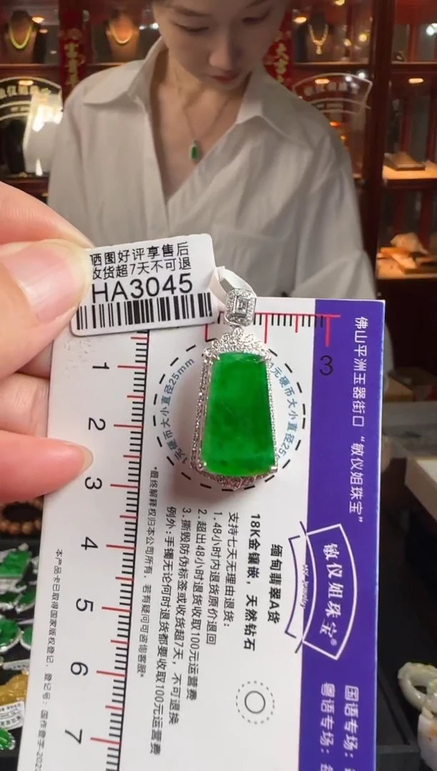 颈饰18K金镶嵌翡翠HA3045冰辣绿无事牌