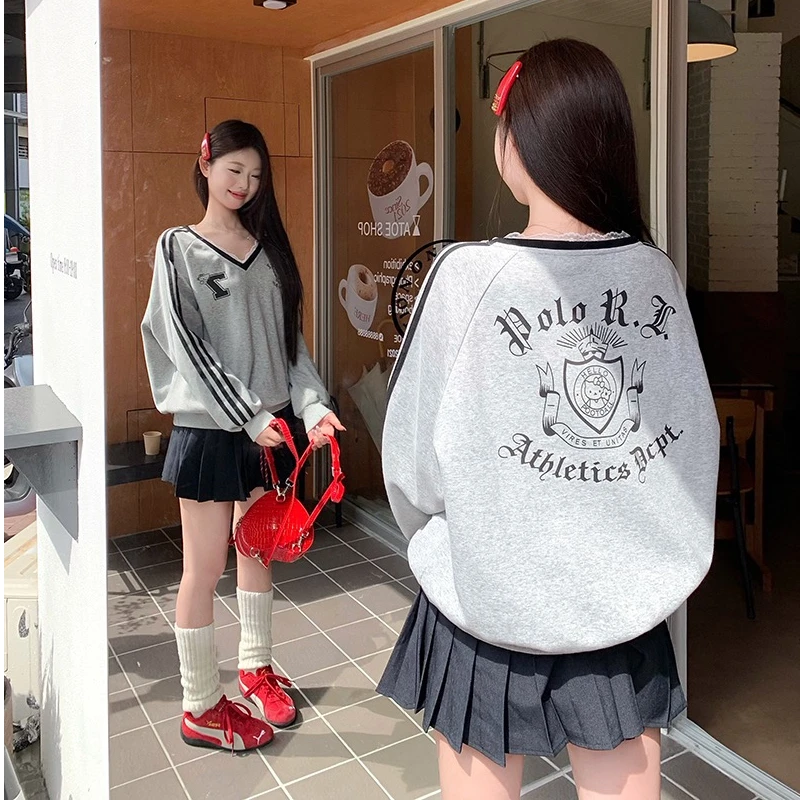 韩系球衣风宽松休闲卫衣女蕾丝边拼接撞色高级长袖上衣