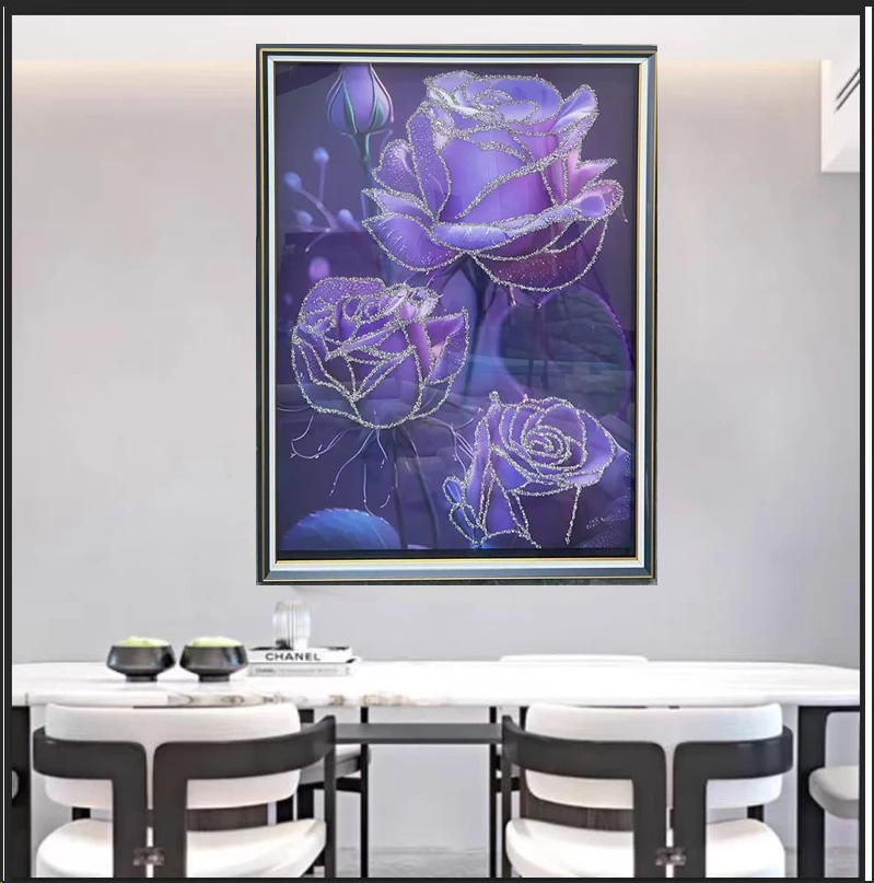 Q278紫玫瑰时尚餐厅客厅轻奢挂画钢化玻璃装裱实物鎏金画装饰画