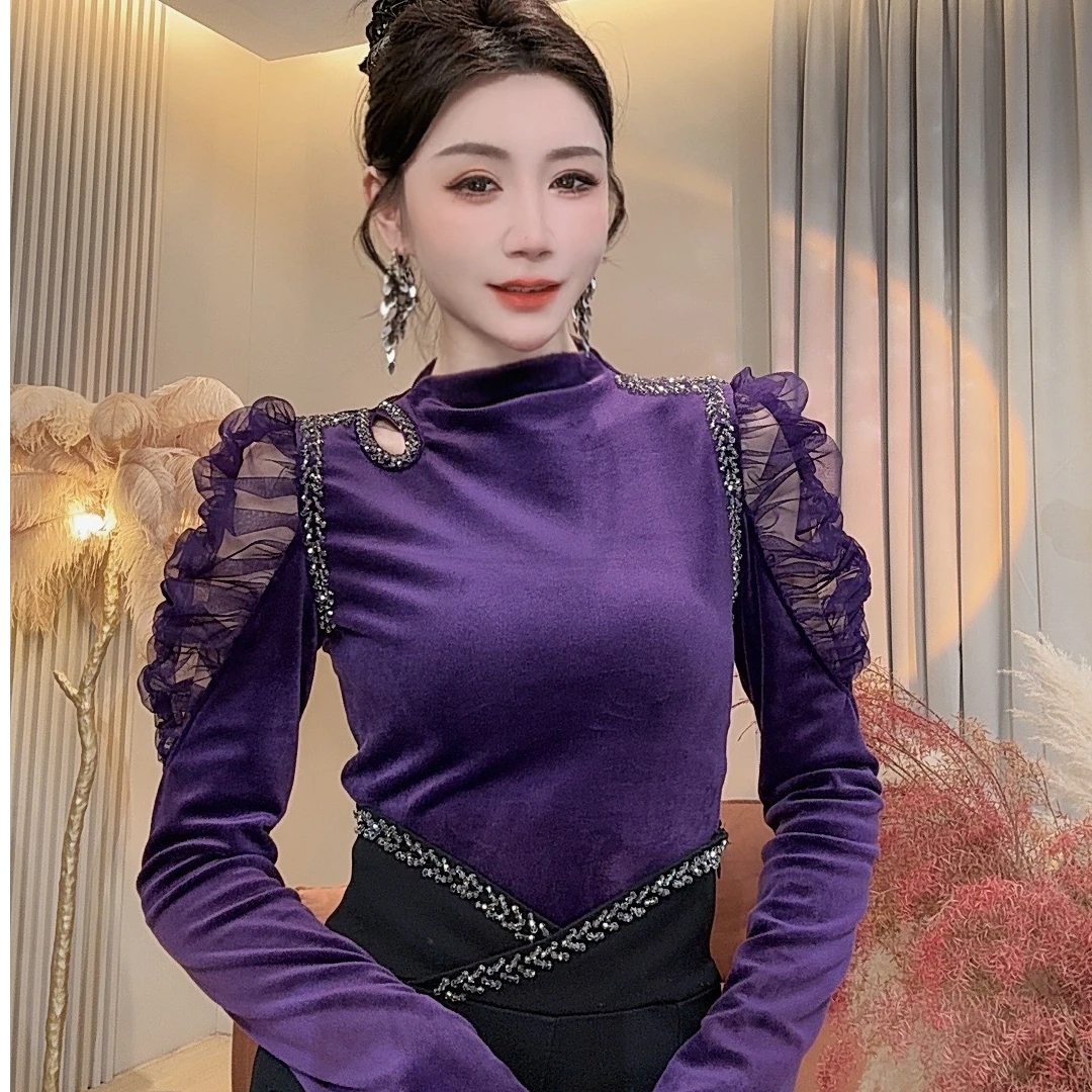 【美美专享】11277秋冬新款半高领镂空蕾丝拼接天鹅绒上衣女