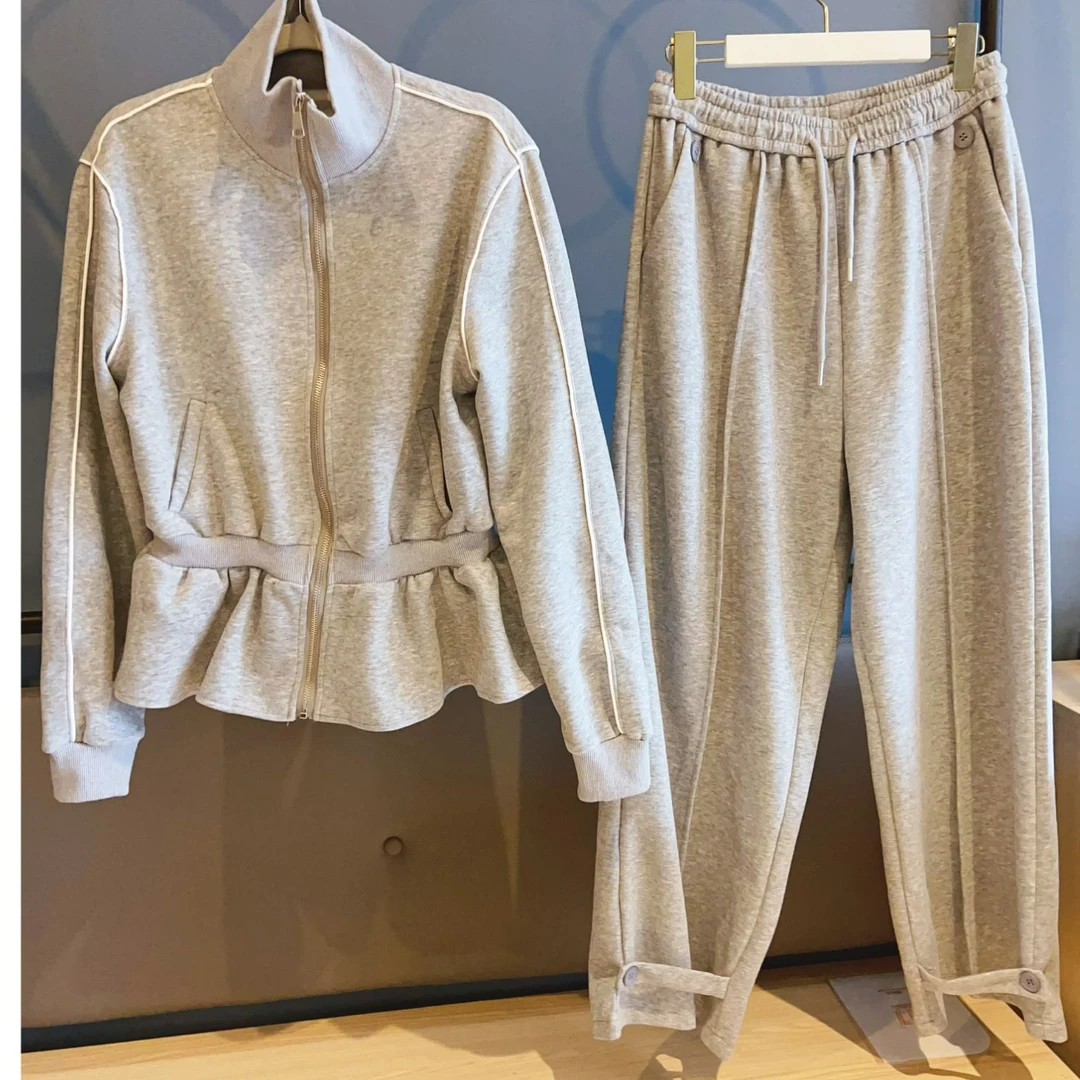 高级感时尚套装女春季爆款韩版鱼尾边设计立领小众卫衣卫裤两件套