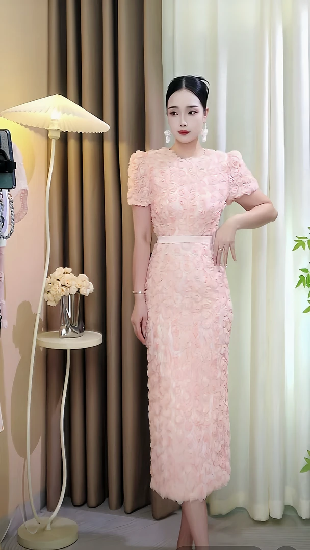 【娟姐】中腰长款修身女装宴会夏季连衣裙国风方领名媛抹胸型65396