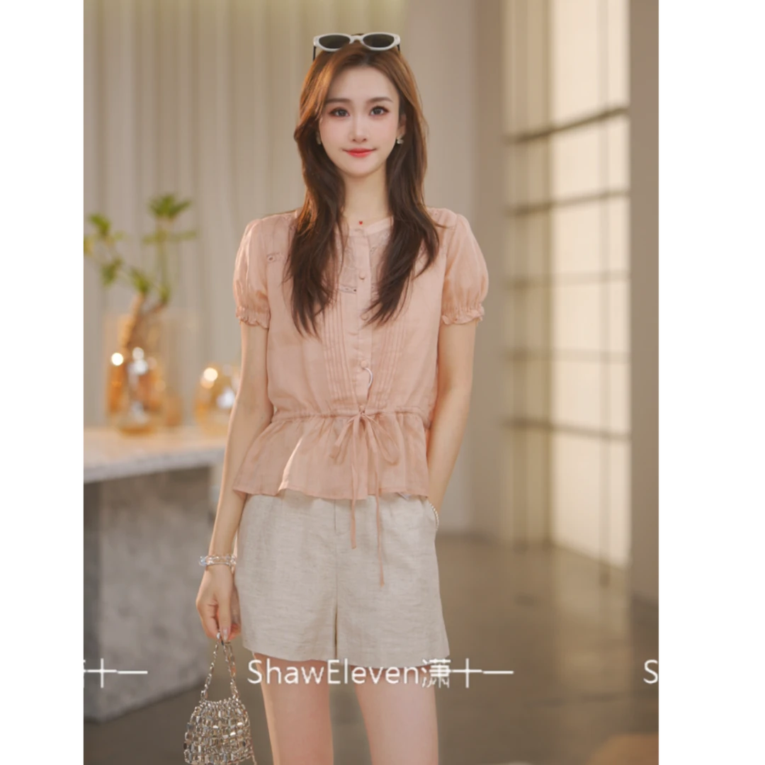 【Shaw Eleven】2025夏法式粉色精致绣花淑女圆领短袖上衣55210