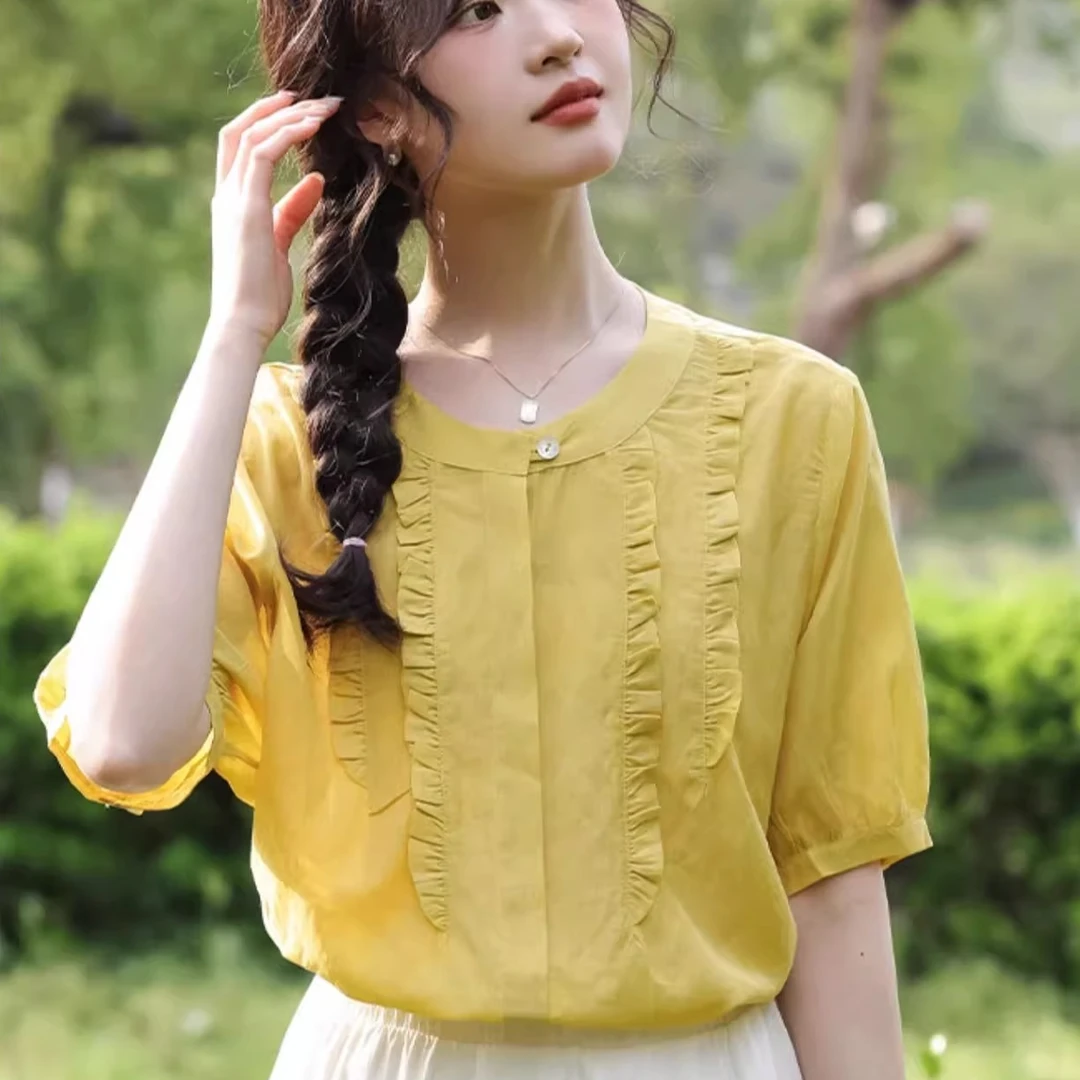 法式圆领木耳边短袖衬衫女2025夏季新款设计感小众小个子百搭上衣