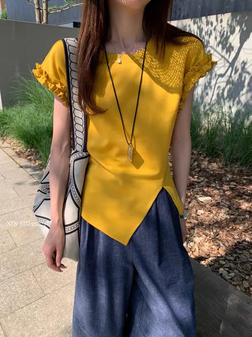 【大白莎家】夏季新款木耳边袖扣不规则开叉后腰镂空辣妹T恤