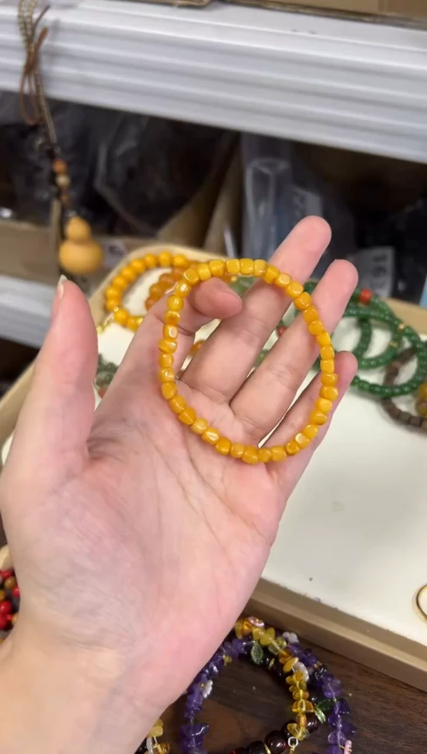 未镶嵌蜜蜡手链回流老蜜蜡随形方块珠手链[1865]