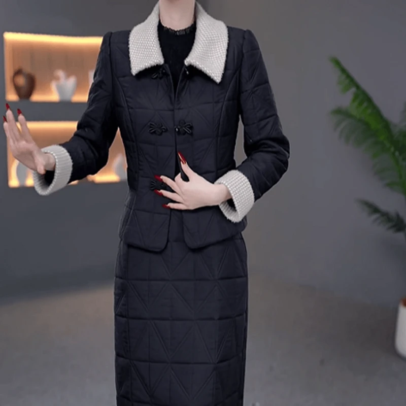 B387【外套+连衣裙】2025秋冬新款时尚优雅高端夹棉妈妈装套装裙