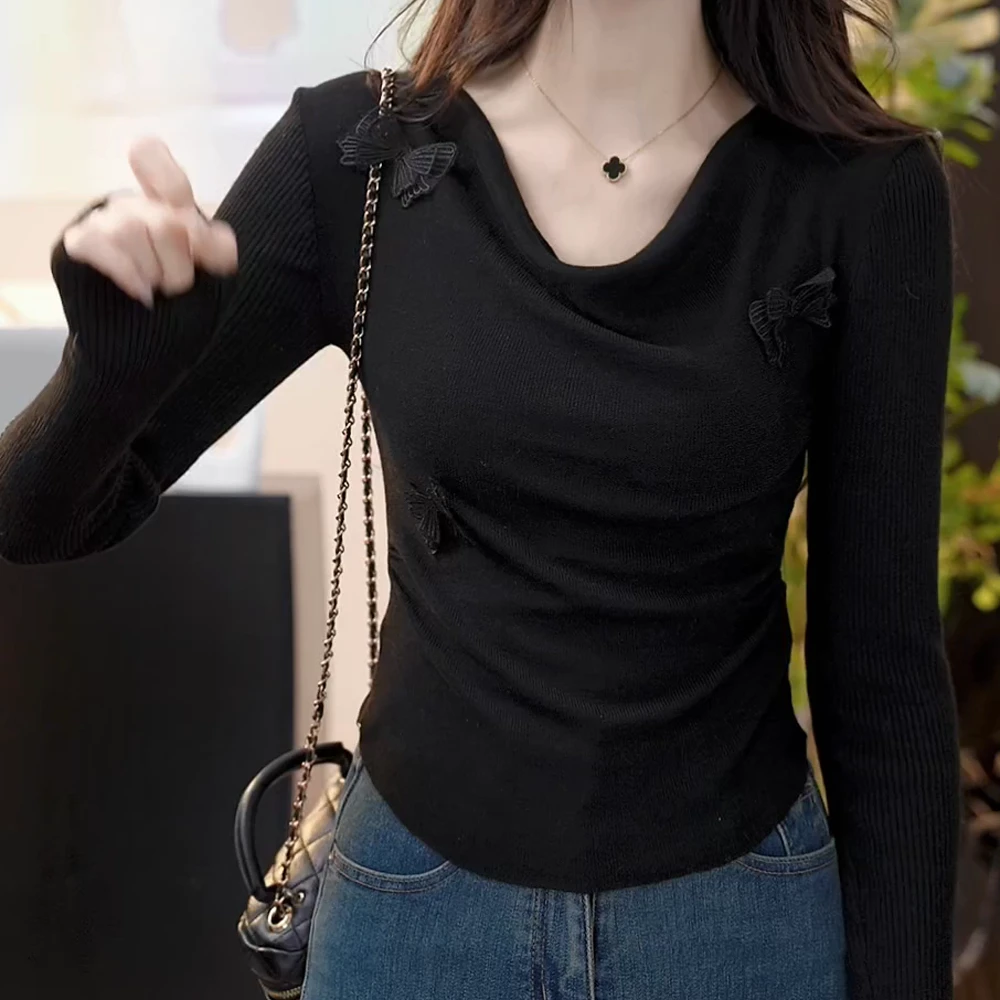2025年春荡领针织衫女设计感时尚百搭小众修身显瘦长袖打底上衣