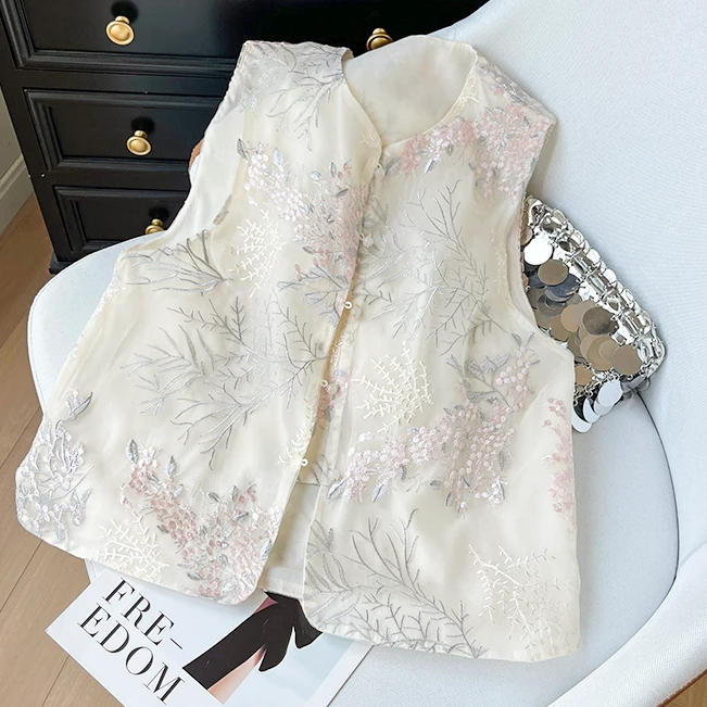 6533优雅轻奢工艺刺绣国风马甲花卉单排扣欧根纱新中式背心外套女