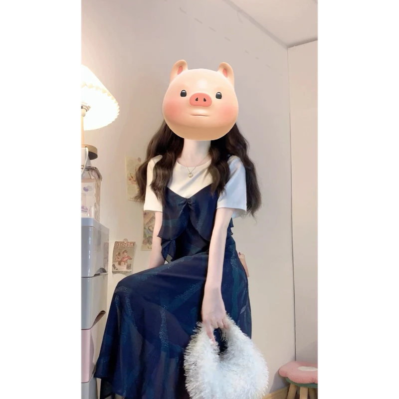 大码【南法假日】胖MM夏季时尚设计感假两件印花修身显瘦洋气连衣裙