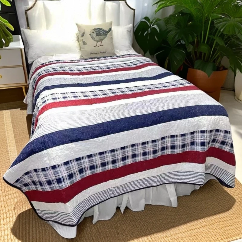 《云云家》高品质红蓝白条纹超柔压胶绗缝床盖尺寸约180*195