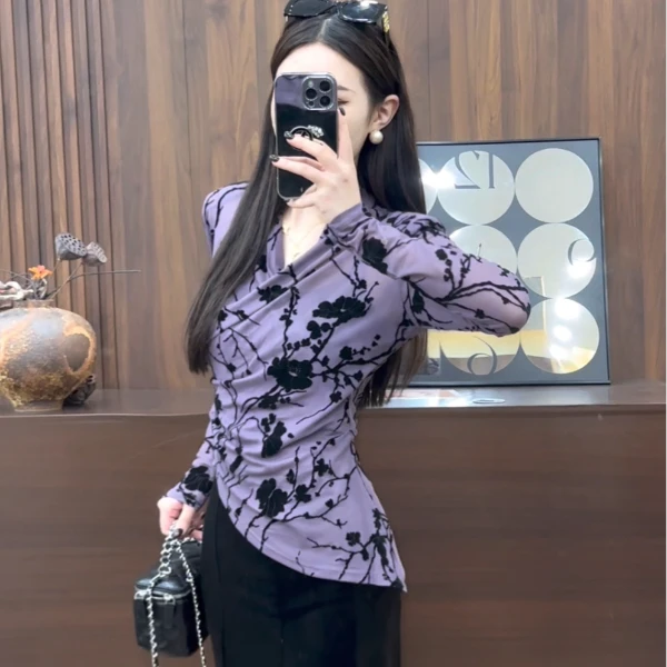 璐璐定制--2025秋季新款不规则水墨印花V领长袖收腰显瘦上衣潮