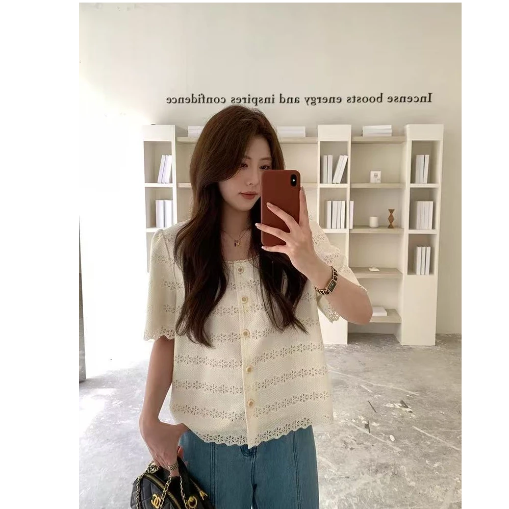 【反季现货-NAZ微胖高端定制】法式甜美小香风镂空短袖上衣