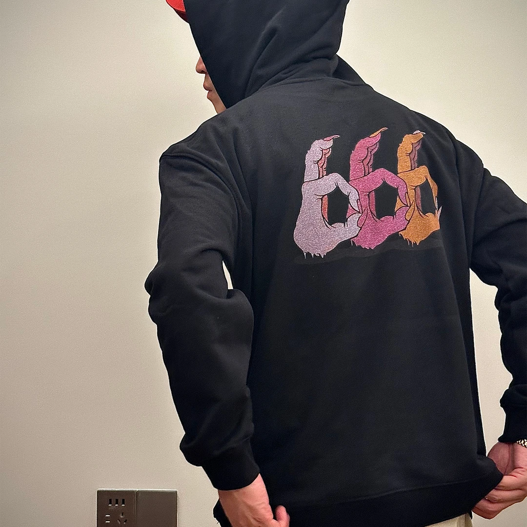 盗版艺术家 美式复古Vintage撒旦恶魔手666长袖帽衫