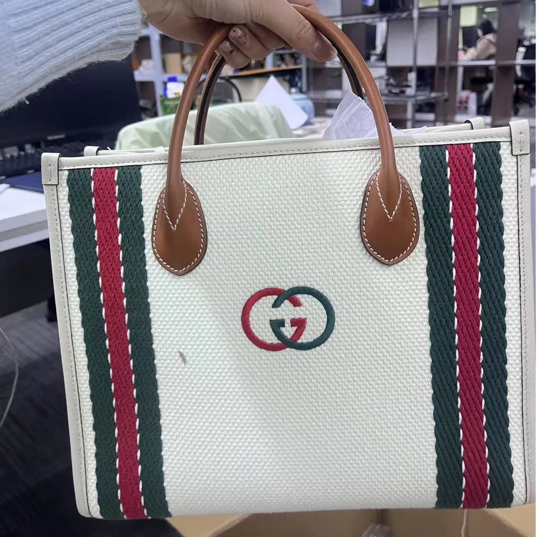 95新 GUCCI/古驰 【周周】双G红绿条纹白色托特包/BGH003690101