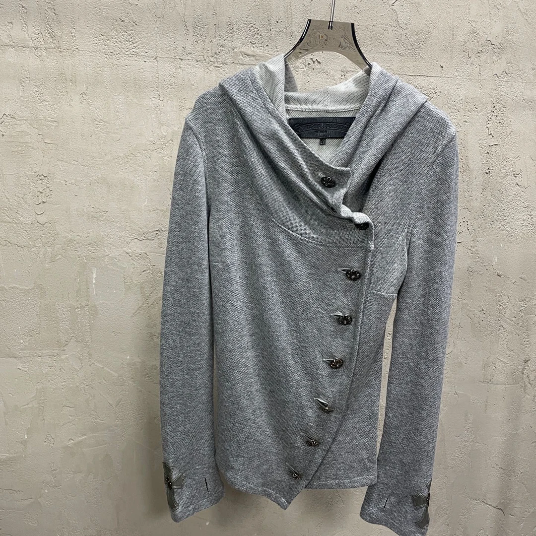 未使用 Chrome Hearts/克罗心 灰色多银扣斜纽扣贴皮十字架外套
