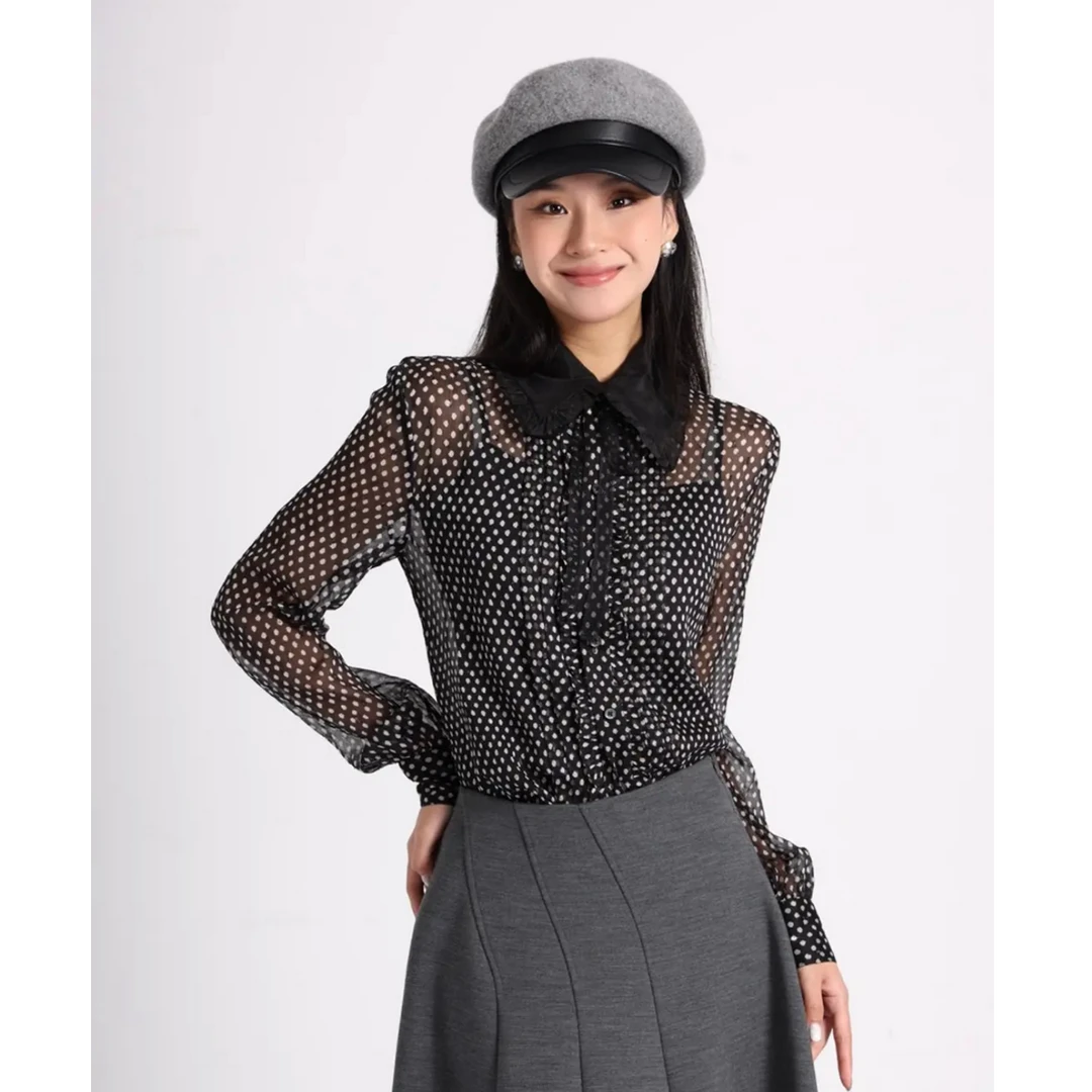 哥弟春夏新款时尚百搭木耳领时髦甜美复古长袖波点衬衫1300973