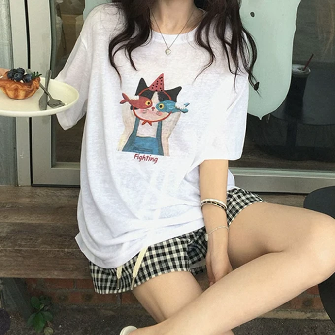 复古油画感卡通印花t恤女2025夏款宽松薄款显瘦时尚休闲上衣百搭