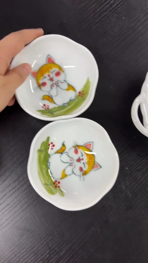 瓷片景德镇高温釉中彩-蘸料碟一对小猫