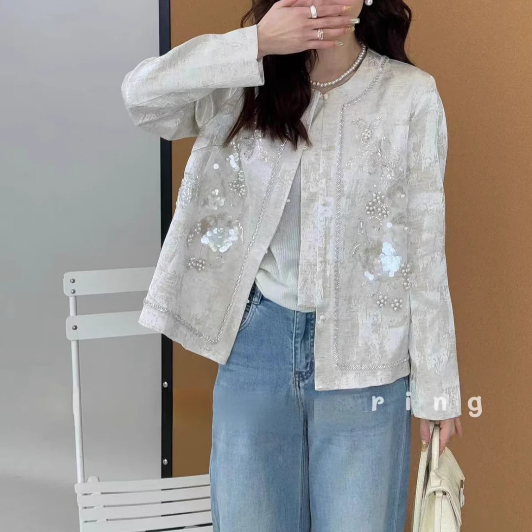 【高端定制】高级感钉珠亮片绣花短外套2025春季中式国风小香风上衣