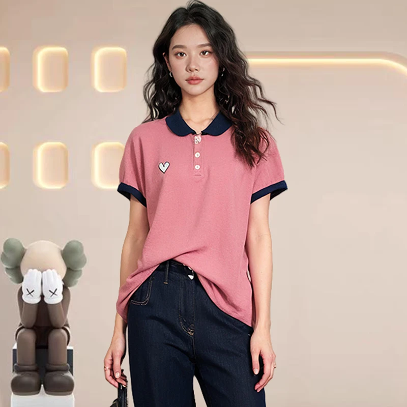 千金风翻领女时尚百搭夏季拼色宽松T恤休闲韩版薄款夏季2025新款