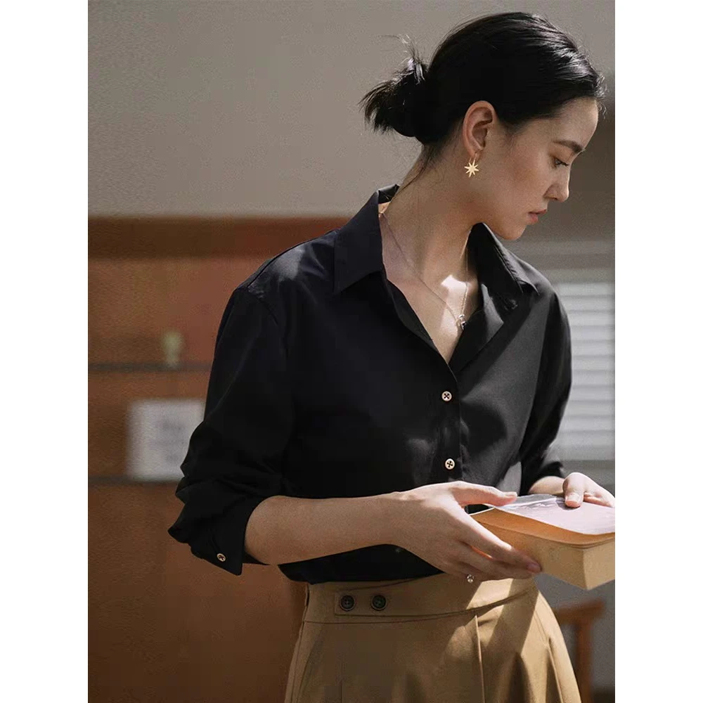 门店52&9！露丝衬衫」莫代尔珠光缎高级气质衬衣长袖上衣女 D00093