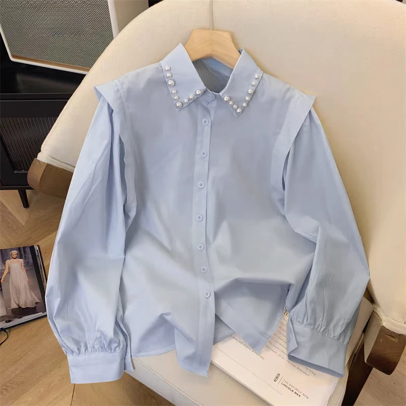 钉珠POLO领长袖衬衫女秋季时尚气质百搭设计感衬衣小众上衣3659