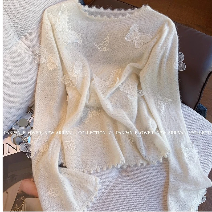 秋季新款法式温柔风绝美白色立体蝴蝶刺绣针织衫上衣女高级感毛衣