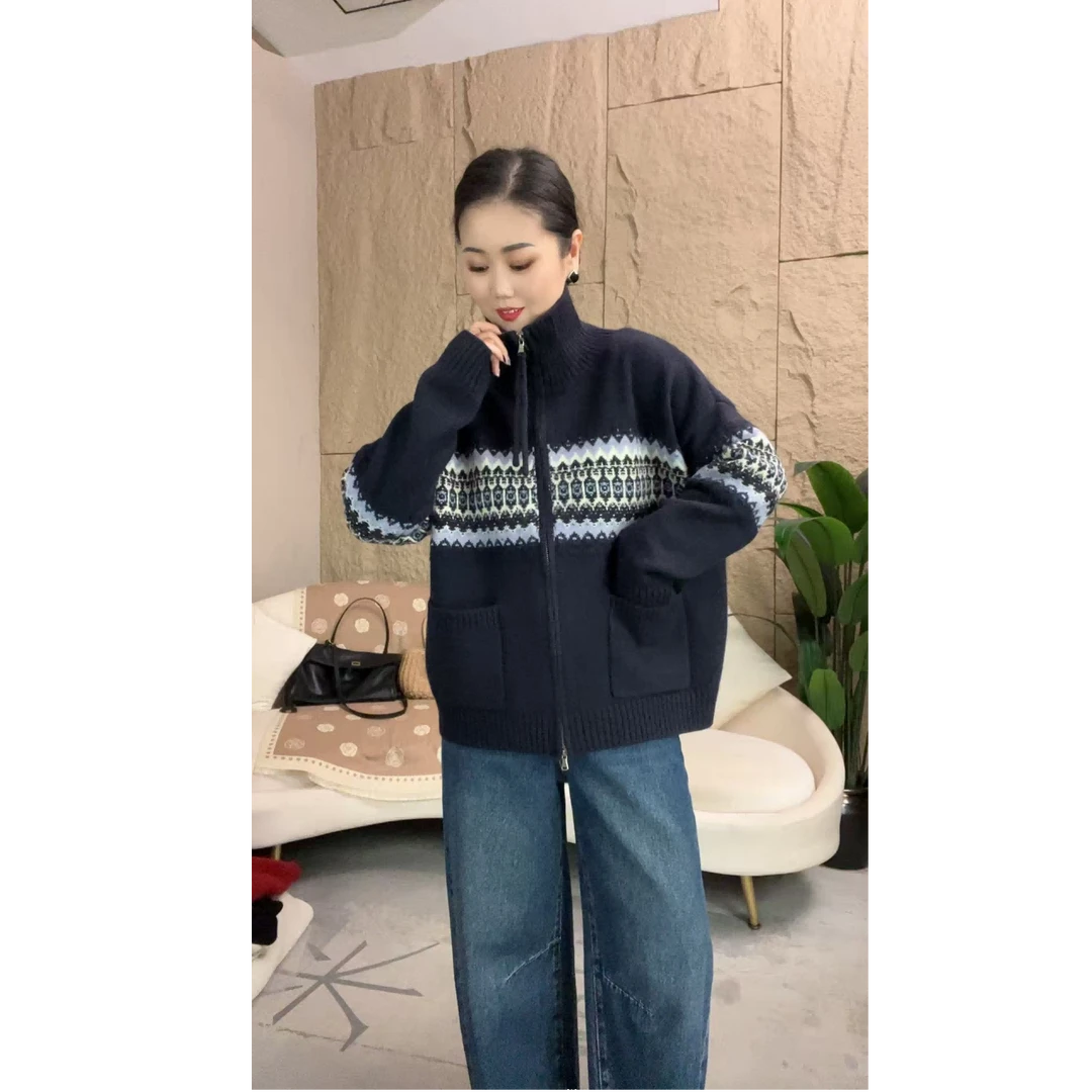 新款加厚提花费尔岛-双拉链宽松保暖羊毛开衫外套Y-51015款