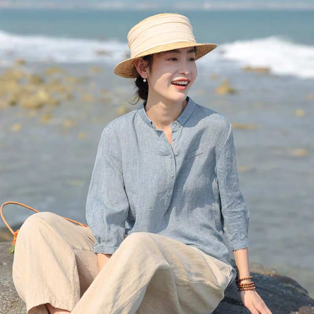 高端色织汉麻套头衬衫法式汉麻衬衣宽松复古上衣女2566