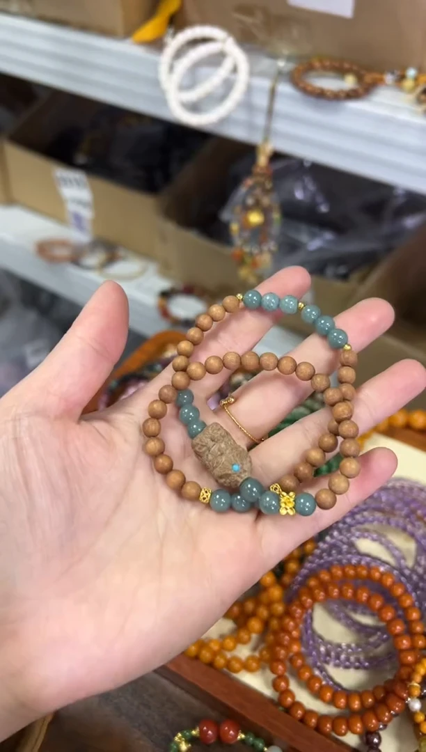 【闪购商品】檀香木手串未镶嵌蓝水翡翠檀香木扎基双圈[0036]