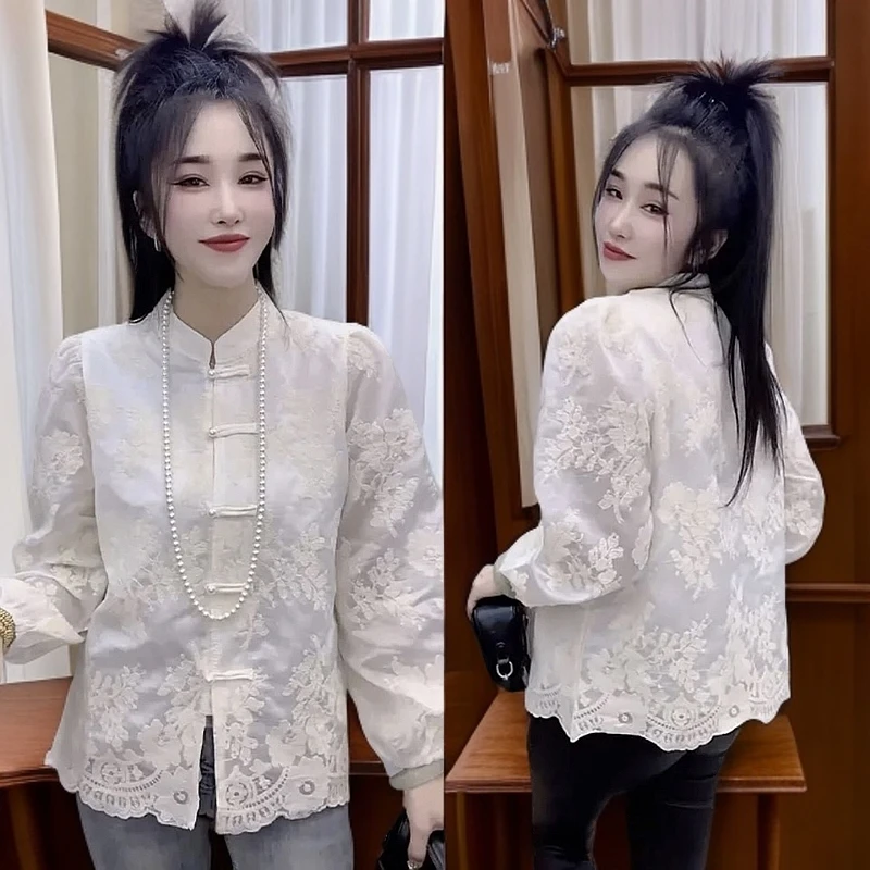 新款衬衫复古刺绣立领长袖气质提花国风盘扣四季新中式时尚洋气