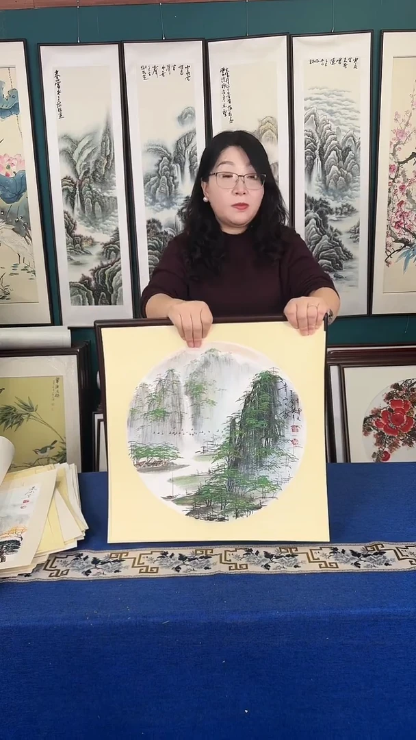 国画53*53山水实木装裱