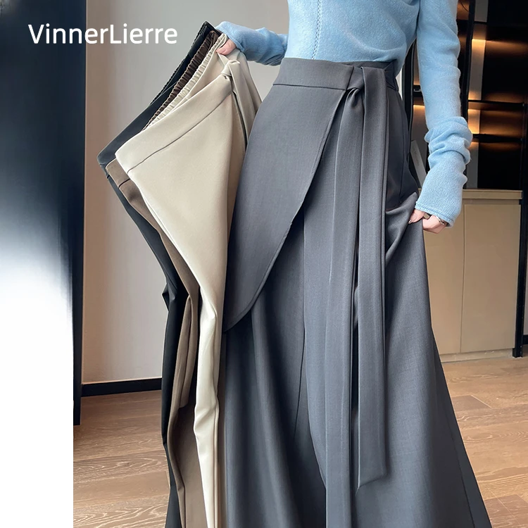 薇妮诺带裙子的裤子绑带秋冬季高腰阔腿裤休闲裤高个子法式女神