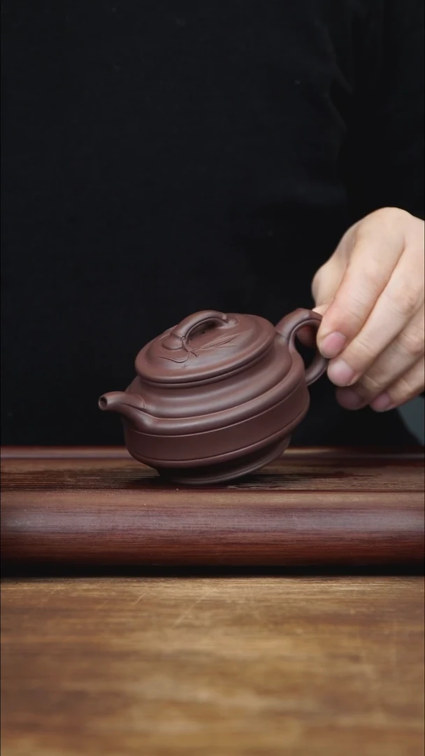茶壶紫砂210ml 腰圆双线竹鼓 家藏紫泥