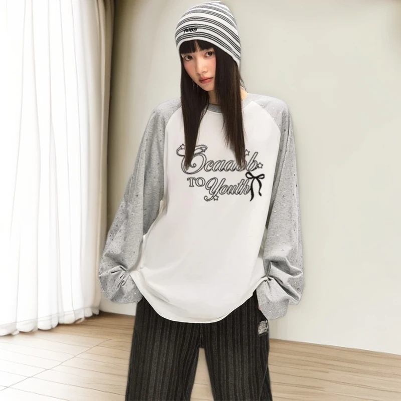 国潮星星亮片设计长袖印花t恤大码300斤男女时尚休闲宽松长袖T恤