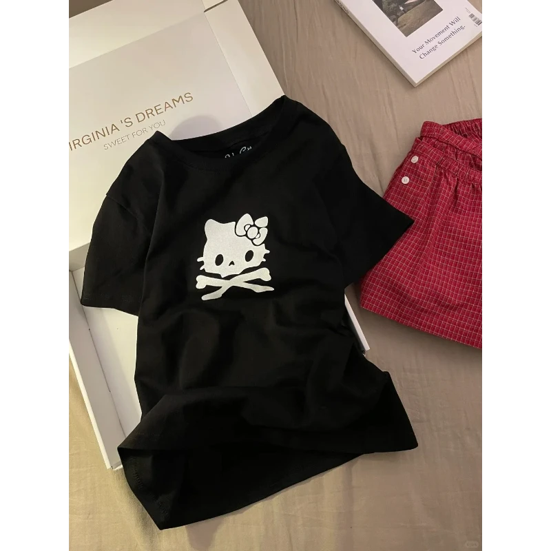 韩版Kitty印花甜酷短袖T恤居家服套装女夏季显瘦条纹短裤两件套女