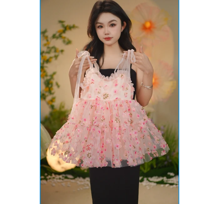 AODUOSEN/奥多森新款儿童少女夏款仙气粉色立体花朵纱裙公主裙