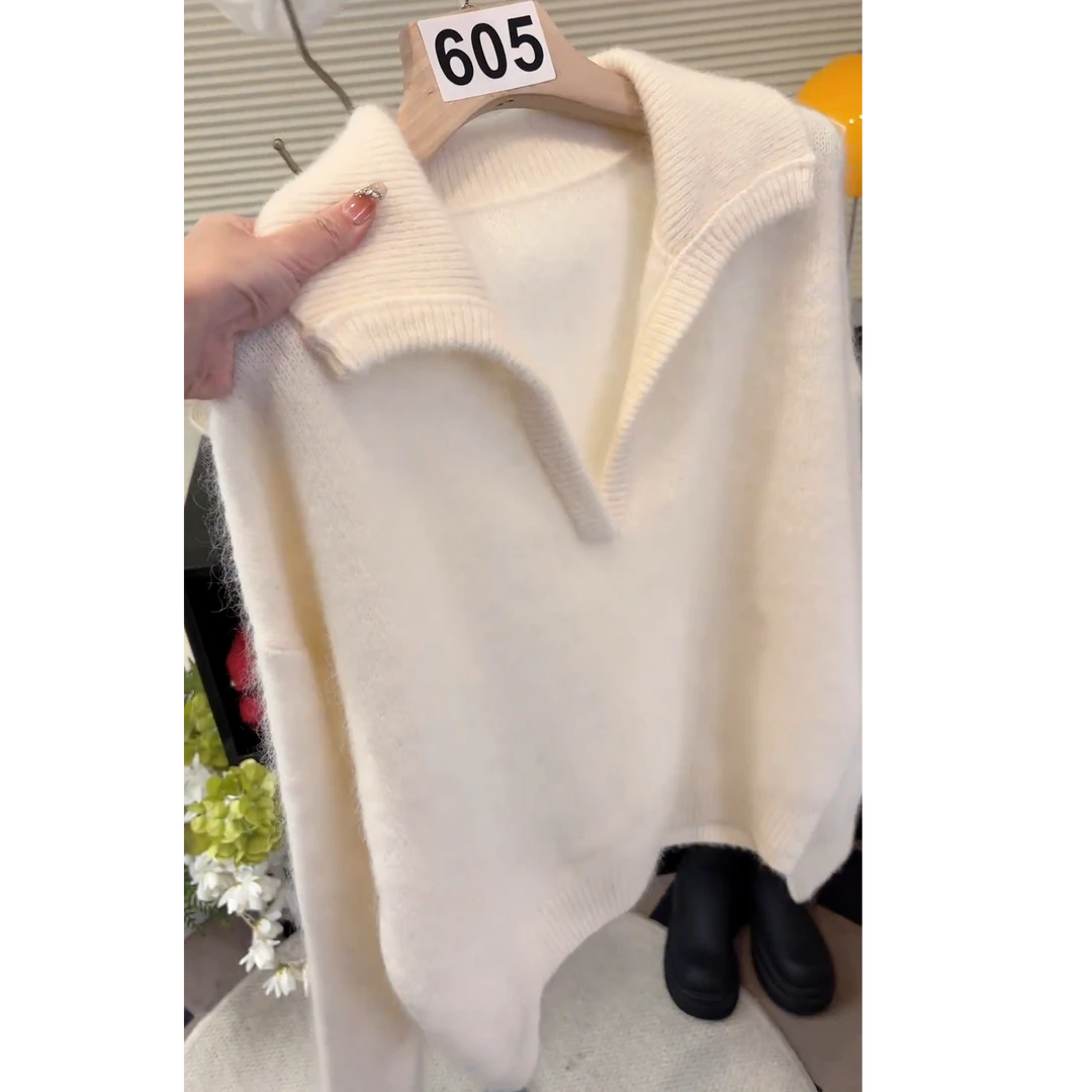 慵懒风V领软糯针织衫女2025秋冬新款宽松套头毛衣百搭长袖上衣