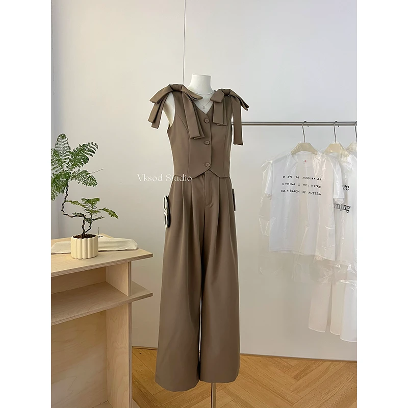 2024夏季新款设计感蝴蝶结绑带无袖马甲背心上衣高腰休闲阔腿裤女