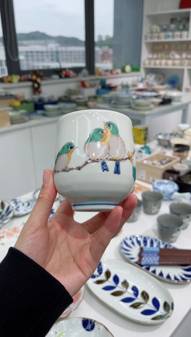 【闪购商品】瓷片绣鸟登枝手握杯孤品