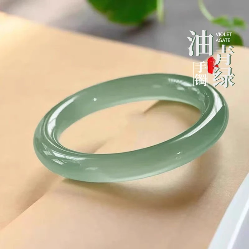 天然冰种玛瑙玉石手镯上等晴水绿女款油青色圆条少女风玉镯子礼物