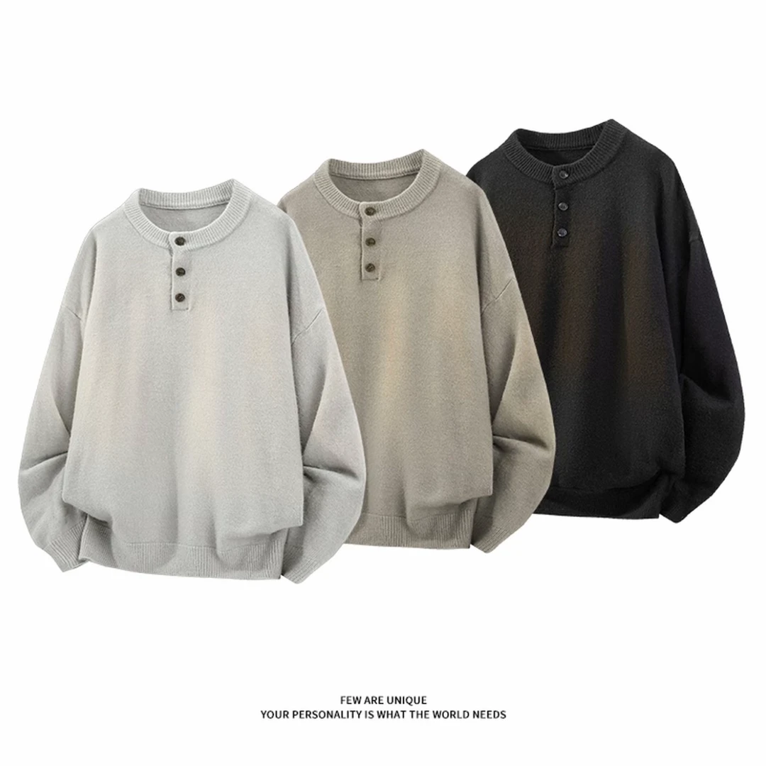 2025冬季新款羊毛重磅潮流日系百搭亨利领毛衣男女同款休闲针织衫